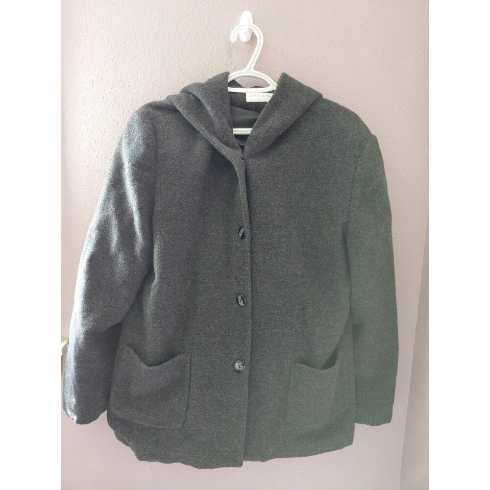 Sandro Women's Hooded Boiled Wool Dark Gray Button Down Lined Coat Size 14
